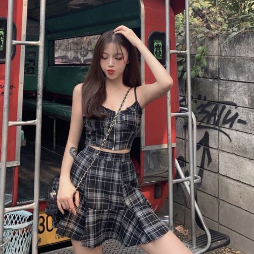 French retro plaid two-piece suit skirt